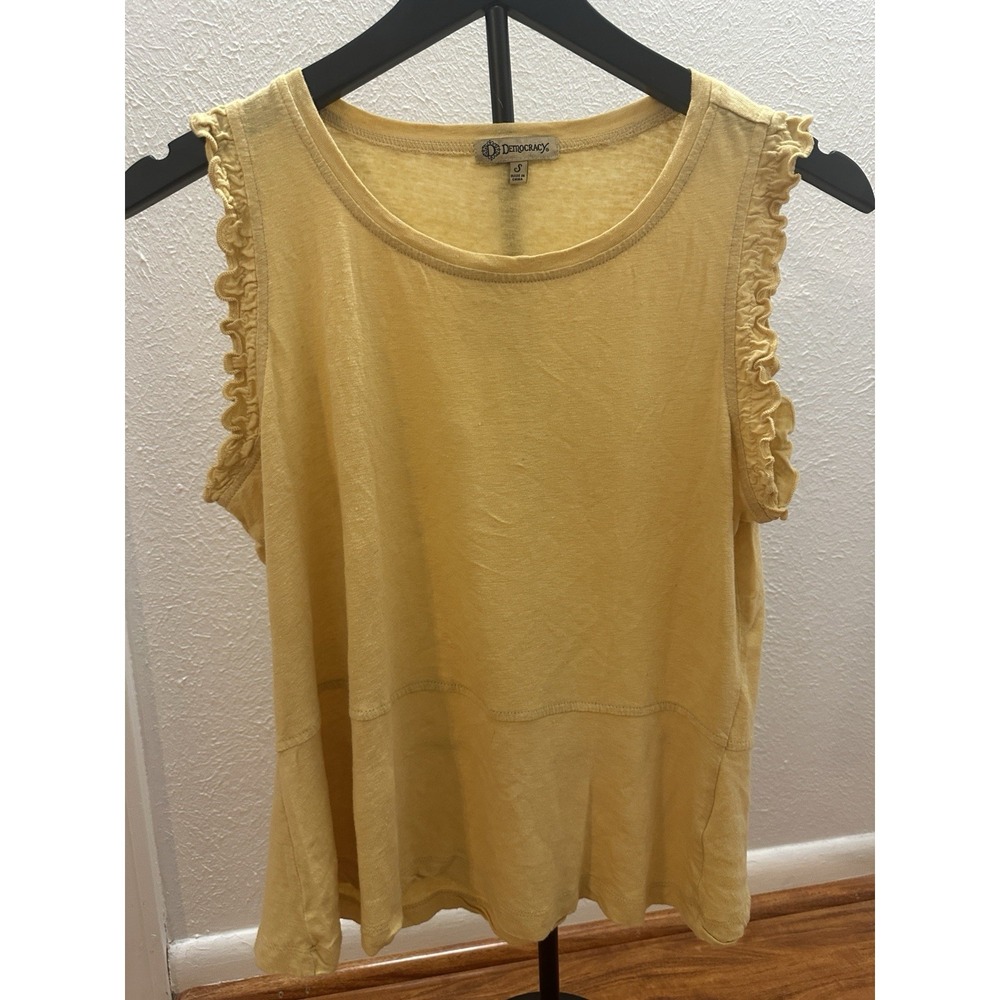 Democracy Blouse Top Flutter Sleeve Notch Neck Mustard Yellow Womens S Pull Over